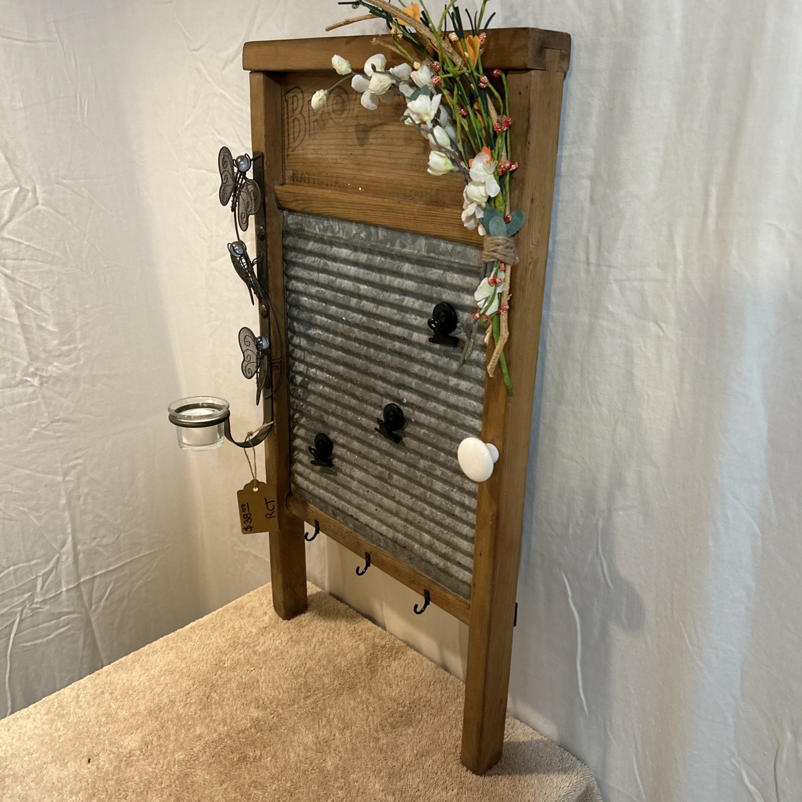 Antique Farmhouse Vintage Decorative Wash Board With Candle Holder And Hooks