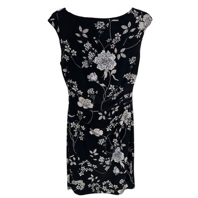 Lauren Ralph Lauren Black Floral Boat Neck Ruched Sheath Dress Size 6