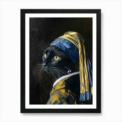 Katze mit Perlenohrring 1 Kunstdruck gerahmt Wandbild Poster Leinwandbild Bild