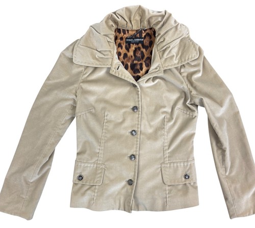 Dolce & Gabbana D&G Women Beige Velvet Velour Jacket 42 US 6 Leopard Lined Italy