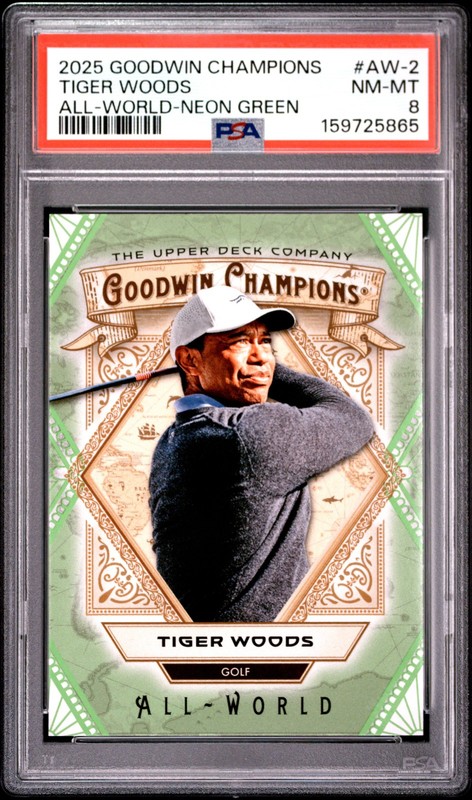 Tiger Woods 2025 Upper Deck Goodwin Champions #AW-2 Neon Green /499 PSA 8