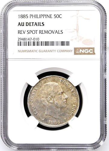 1885 Philippines 50 Centimos, Centavos, NGC AU Details - Spot Removed, KM-150