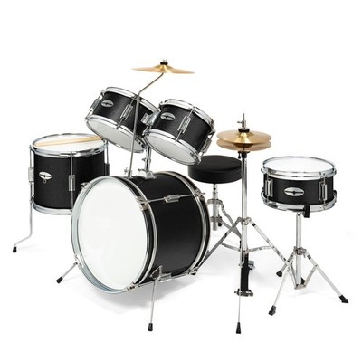 Junior Drum Set with Brass Cymbals - 5-Piece Starter Kit - Black