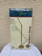 Vintage 1990s Brass Banker’s Adjustable Floor Reading Lamp Green Glass Shade NOS
