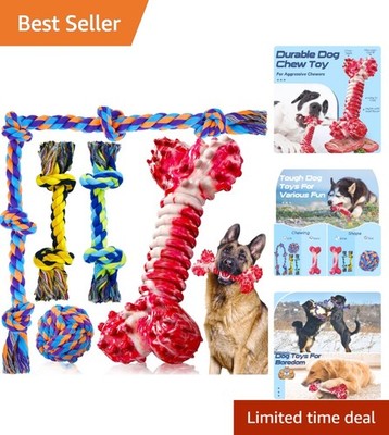Tough Bone and Rope Chew Toys Set for Large Dogs - 5 Pack for Aggressive Chewers