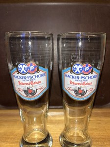 2 Hacker-Pschorr Munchen Braurosl Weisse 9" Tall Pilsner Beer Glasses.