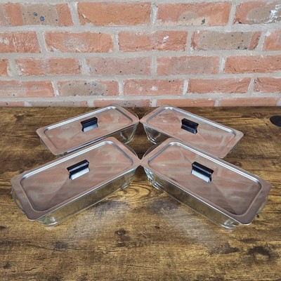 Vier Vintage Hostess Glasbackwagen Glasschalen mit Edelstahldeckel