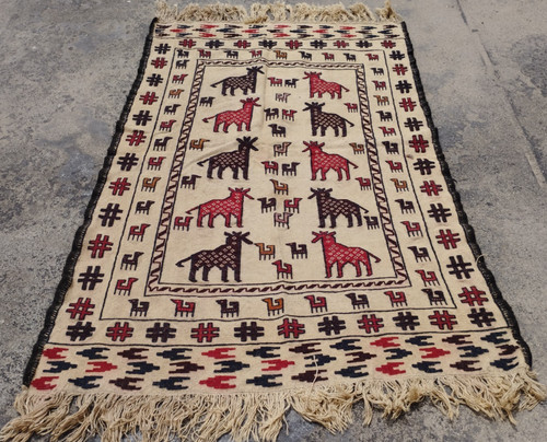 Vintage Traditional Oriental Afghan Pictorial Multicolor Wool Rug 183x130 cm