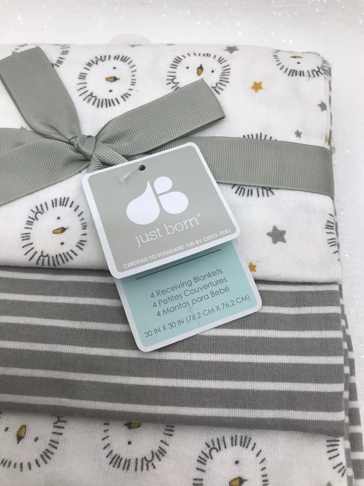 Just Born Baby Boy Girl 4-Piece Lion/Stripes Flannel Receiving Blankets Safari - Image 3 of 4