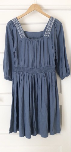 M&S Embroidered Linen Blend Dress Blue Shirred Waist Size UK 8 - Picture 2 of 5