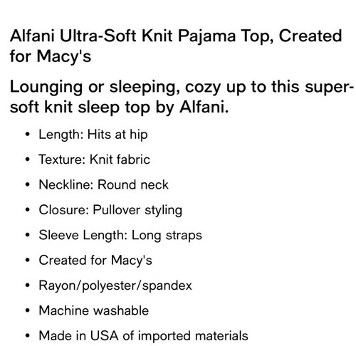 Alfani Ultra Soft Knit Pajama Top Color Black Size Small MSRP $45 - Picture 2 of 2