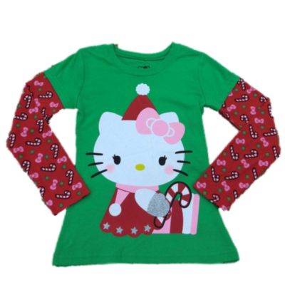 Hello Kitty Girls Green Holiday T-Shirt Candy Cane Christmas Tee Shirt