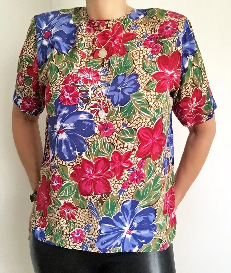 Blusa vintage Christie & Jill 100 % seda estampado floral psicodélico para mujer talla M Foto 4 de 4