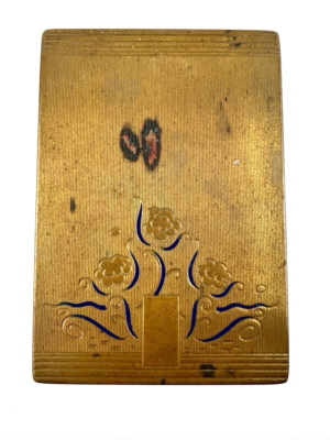 Vnt 1940 Bourjois Engraved Brass Colored Compact Makeup Powder Case w/orig blush