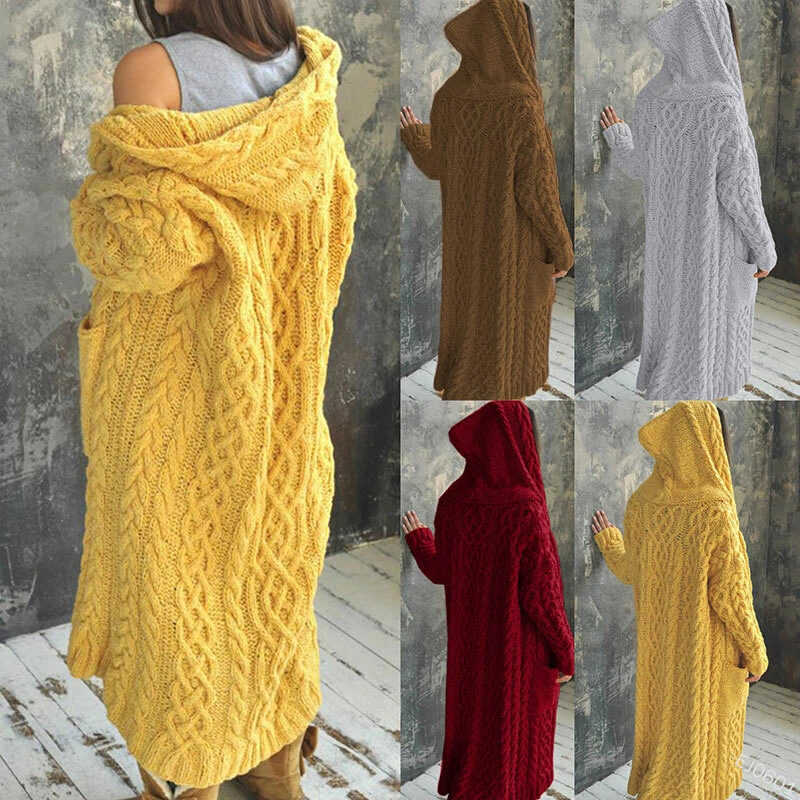 Women Ladies Cardigan Cable Knitted Oversized Long Hooded Jumper Cape Top