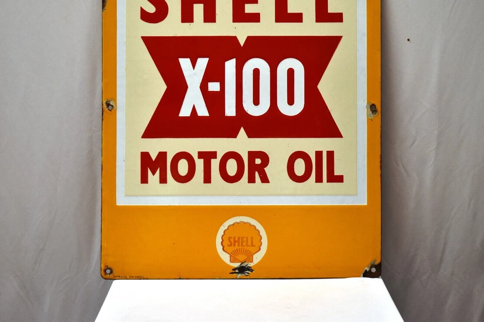 Vintage Shell X-100 Motorenöl Zweiseitig Porzellan Emaille Sign 22x18 Gas Petro - Bild 3 von 4