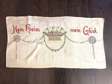 Antique German Handstitched Table Scarf Mein Heim Mein Gluck (My Home My Luck)