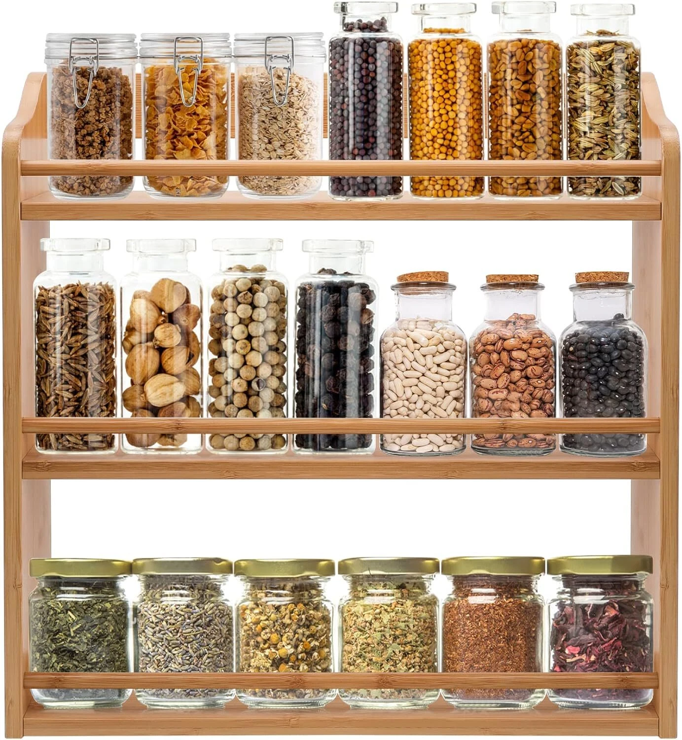 Bamboo Spice Rack, Seasoning Jars Rack Shelf Spice 3 Tier Counter Top