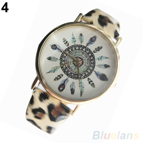 Chic Lady Leather Band Feather Dial Geneva Quartz Analog Unique Wristwatch BICU - Picture 5 of 5