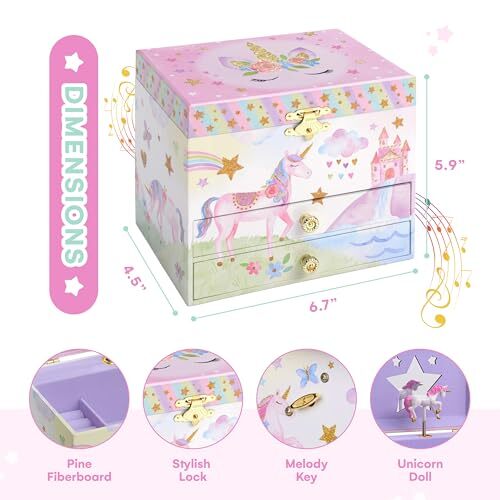 Joyero Musical con 2 Cajones Extraíbles - Regalos Unicornio Para Fiesta Unicornio - Imagen 4 de 7