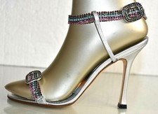  1878 New MANOLO BLAHNIK JEWELED Blue Crystals Silver JANETBA SHOES 37 Wedding
