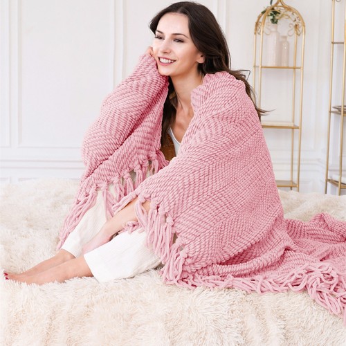Boho Knitted Throw Blanket – Tweed Texture, Tassels, Lightweight Couch Bed Decor - Picture 18 of 337
