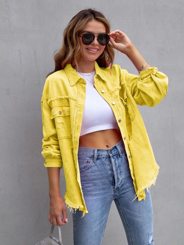 New Women Yellow Oversized Hip Length Raw Edge Denim Shirt 10 12  14 16 - Main Image