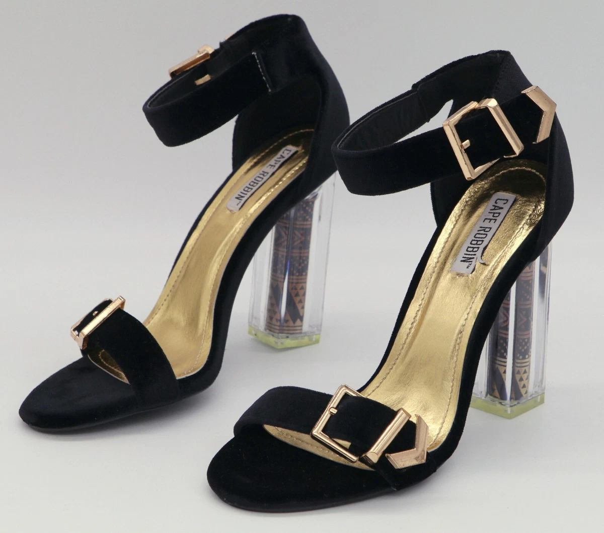 CAPE ROBBIN MARIA 16 BLACK VELVET HIGH HEEL SHOES ANKLE STRAP