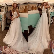 Summer Boho Long Wedding Dresses V Neck A Line Lace Appliques Beach Vintage