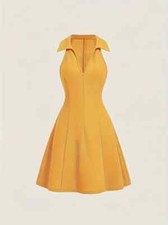 Women Collar V-Neck Elegant Polyester Solid Color Dress Yellow Size Medium