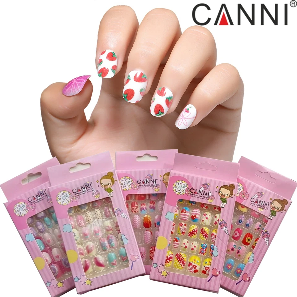 CANNI Kids False Nails Full Coverage 24 Nail Tips With Glue Stickers in Box