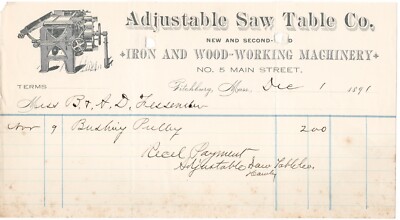 1891 ADJUSTABLE SAW TABLE CO IRON WOODWORKING MACHINERY FITCHBURG MA BILL HEAD