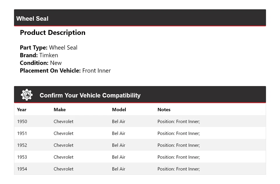 Уплотнение переднего внутреннего колеса для Chevrolet Bel Air 1950-1954 годов выпуска Timken 1951 1952 1953 годов выпуска - Изображение 2 из 4