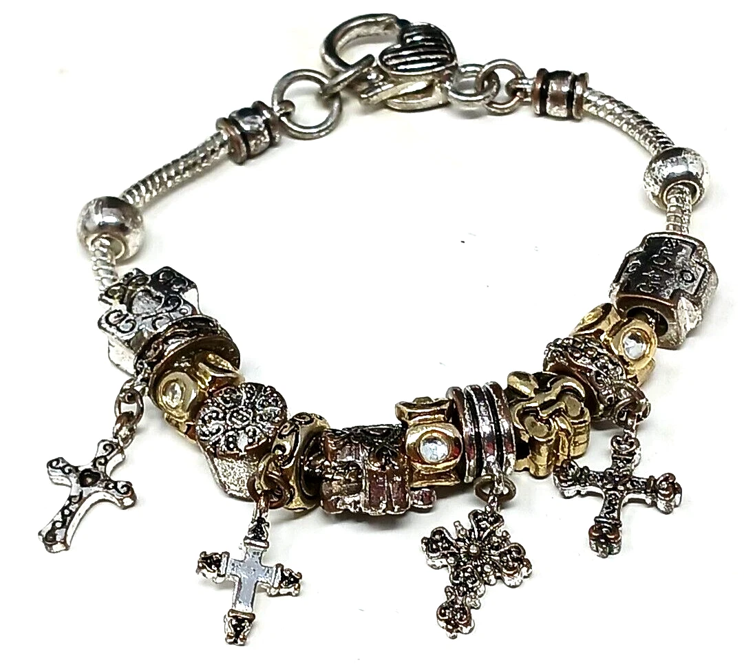 Ellen Tracy Charm Bracelet Cross Religious Gold Silver Tone J6