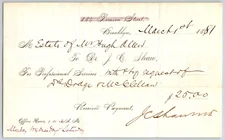 Dr. J.C. Shaw Brooklyn, NY (Director, Lunatic Asylum*) 1881 Receipt Billhead