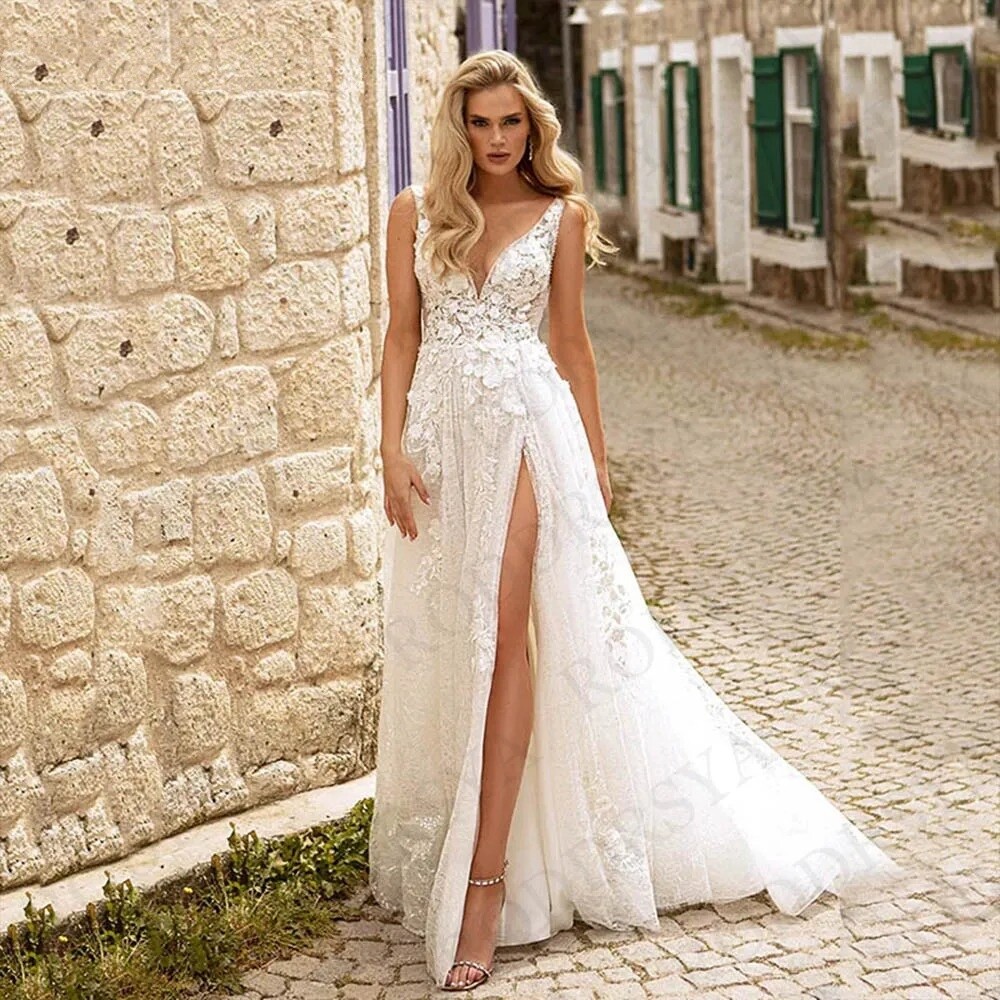 navy blue dress for baby girl Sexy A-Line Wedding Dresses Beach Deep V-Neck Tulle Lace Appliques Bridal  Gowns