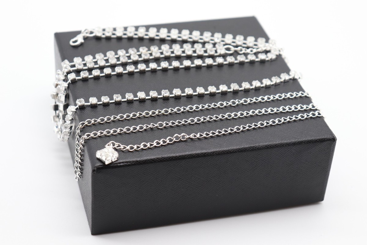Women Silver Metal Chain Strand Side Wave Rhinestones Belt 