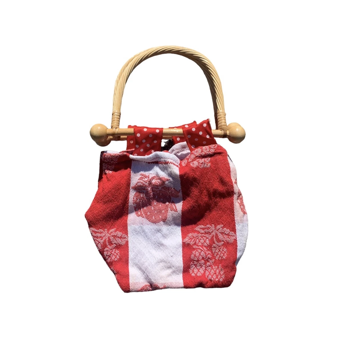Berry Bag Wooden Handle White Red Purse Strawberry Grape