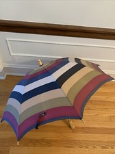 Vintage Colorful Striped Umbrella w/ Wood Handle  Shoulder Holder; Long 28  