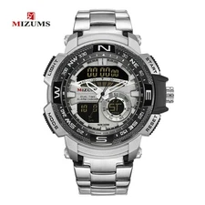 MIZUMS Digital Watch Men Brand Dual Display Quartz Steel Wristwatch Male Watches