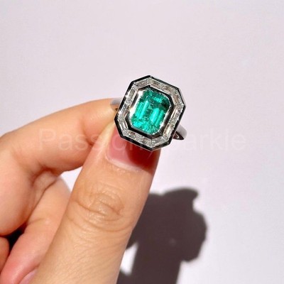 1ct Natural Green Emerald & Diamond Bezel Halo Engage Ring 14K SOLID White Gold
