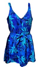 VTG 90's "Maxine of Hollywood" Shades of Blue Tropical Floral Romper Swimsuit 16