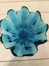 Vintage LE Smith Large Blue Handkerchief Vase Swung Art Glass Compote Bowl MCM