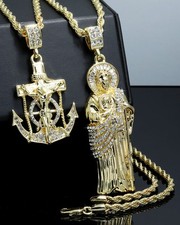 Iced San Judas  Jesus Anchor Pendant Cubic Zirconia Gold Plated 4mm Rope Chain