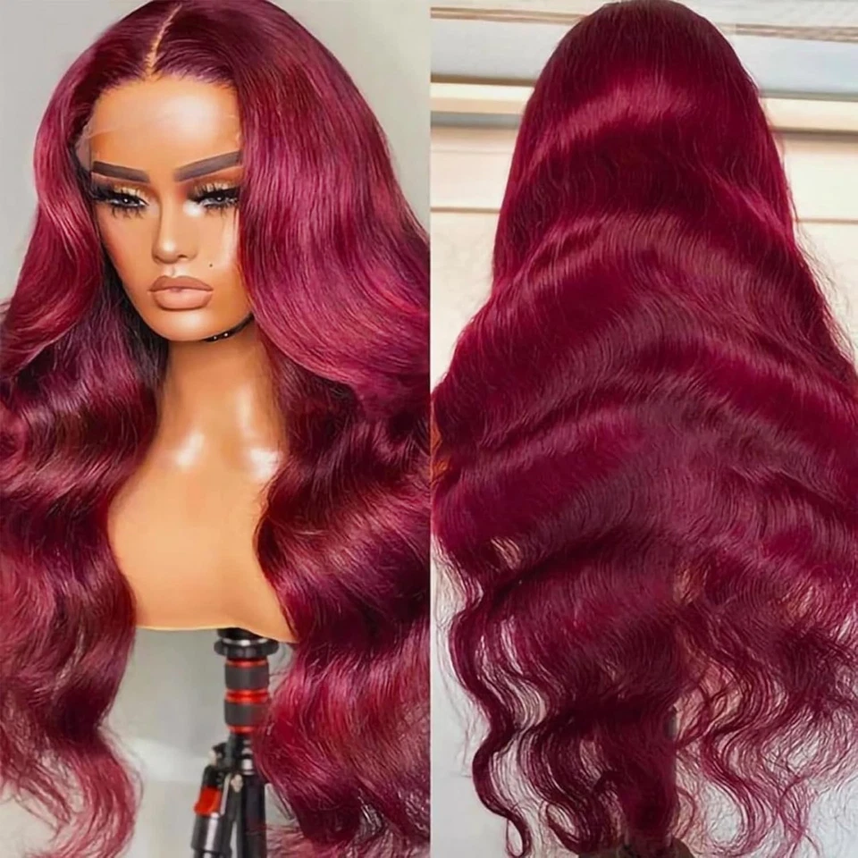 99j Burgundy Lace Front Wigs Human Hair Body Wave 13x4 HD Glueless lace Frontal - Image 2 of 4