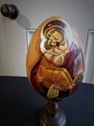 Vintage Russian Wooden Hand Painted Egg Virgin & Child Jesus Signed — photo 1