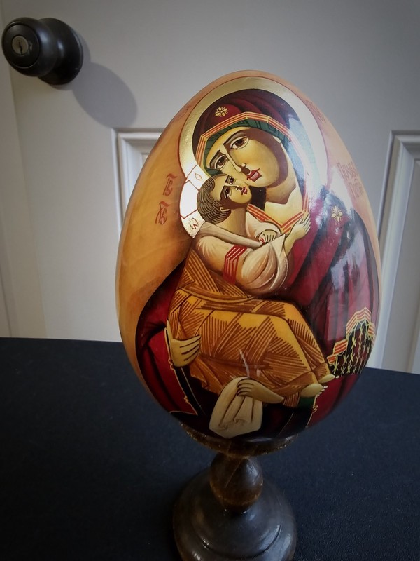 Vintage Russian Wooden Hand Painted Egg Virgin & Child Jesus Signed