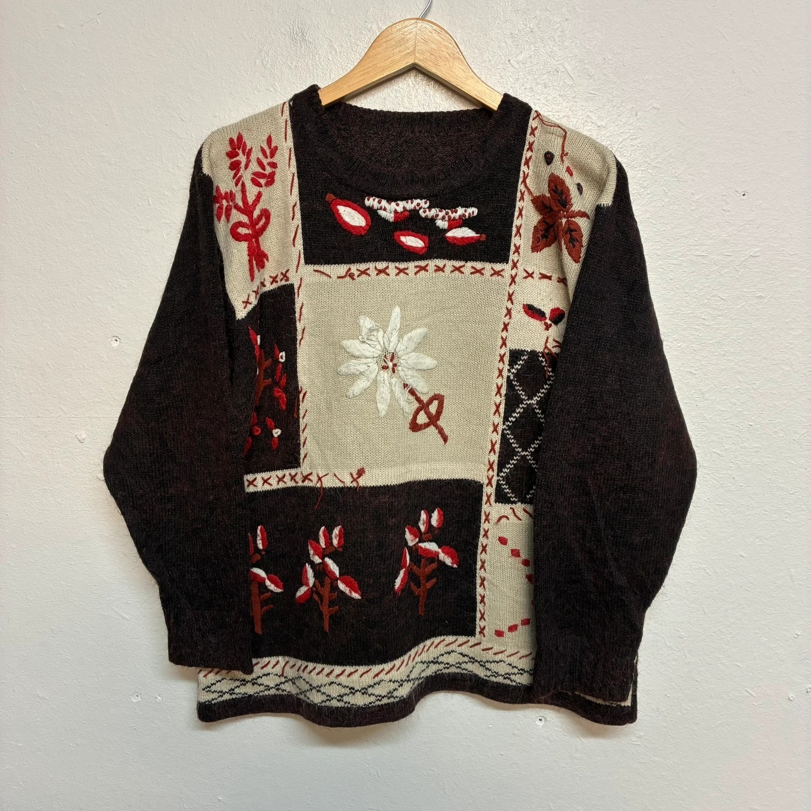 Vintage Alpine Patchwork Pattern Knit Jumper Wome… - image 1
