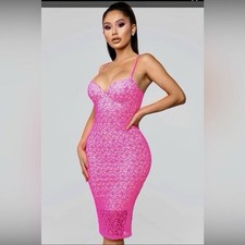 Hot Pink Lace Bodycon Midi Dress Sexy Bustier Spaghetti Strap Party Cocktail