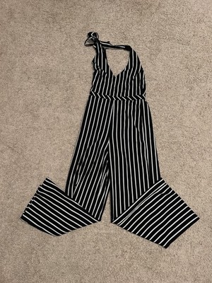 Forever21 Black and white size S striped jumpsuit with wide leg and tie back